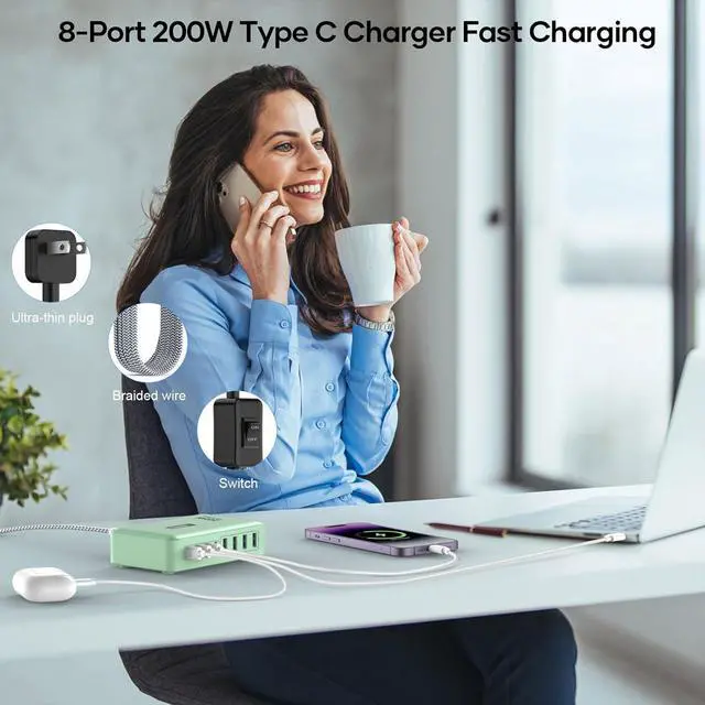 Alt view image 7 of 7 - 8-Port Multiple Charger Station 200W with Flat Plug, Braided Power Cord, and On/Off Switch- USB Charging Hub for iPhone, iPad, MacBook and More- 65W C Port Power Adapter for Laptops