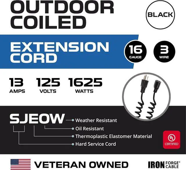 Alt view image 2 of 7 - Forge Cable SJEOW Black Outdoor Coiled Extension Cord 42 ft, 16/3, 13 Amp Oil Resistant & Flame Retardant 3 Prong Coiled Wire for Outdoor & Indoor