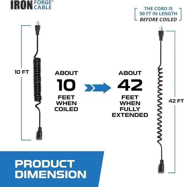 Alt view image 3 of 7 - Forge Cable SJEOW Black Outdoor Coiled Extension Cord 42 ft, 16/3, 13 Amp Oil Resistant & Flame Retardant 3 Prong Coiled Wire for Outdoor & Indoor