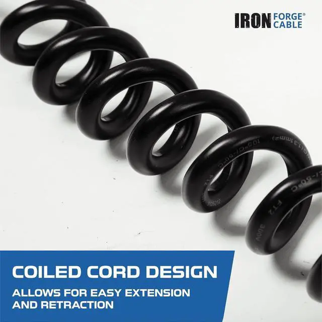 Alt view image 4 of 7 - Forge Cable SJEOW Black Outdoor Coiled Extension Cord 42 ft, 16/3, 13 Amp Oil Resistant & Flame Retardant 3 Prong Coiled Wire for Outdoor & Indoor
