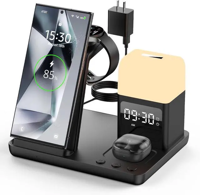 Main image of Wireless Charger for /Android Charging Station, 6 in 1 Fast Watch Charger with Alarm Clock-Night Light, Compatible for Galaxy S25 Ultra/S24/S23, Only for  Watch7, Galaxy Buds3 Pro(Black)