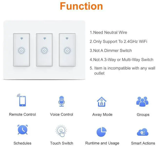 Alt view image 2 of 7 - Smart Switch 3 Gang Alexa Light Switch Smart WiFi Light Switch Compatible with Alexa Google Home and IFTTT, Voice and Remote Control, No Hub Required