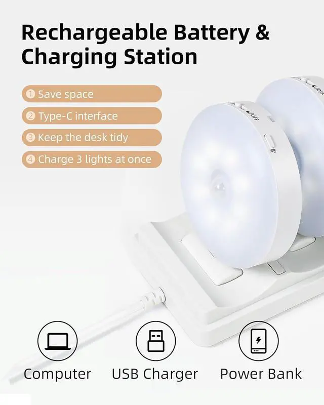 Alt view image 2 of 7 - Under Cabinet Lighting with Charging Station,1000mAh Rechargeable Puck Lights with Remote, 3 Color Temps & RGB Closet Lights, Dimmable Motion Sensor Lights for Shelf, Kitchen (6 Packs)