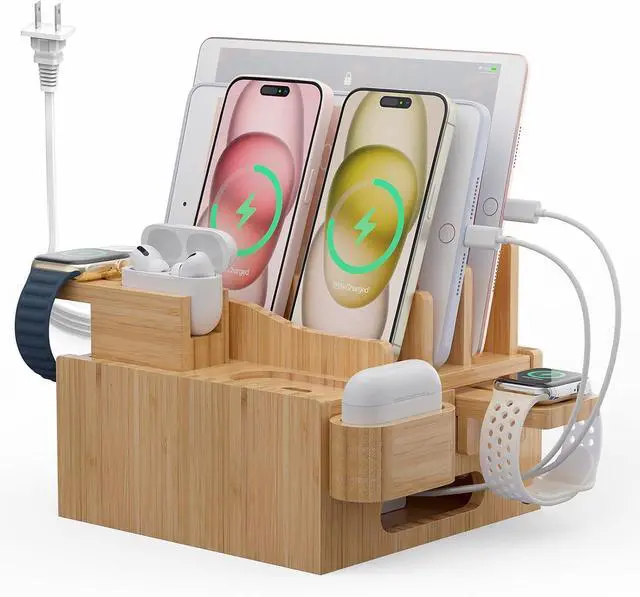 Main image of Multiple USB Charging Station, Wooden Bamboo Dock Station for Cell Phones, Tablets, Earpods and Smart Watch, Including Power Charger HUB, 5 Cables -Natural Bamboo