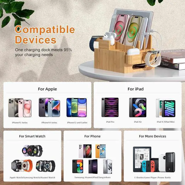 Alt view image 2 of 7 - Multiple USB Charging Station, Wooden Bamboo Dock Station for Cell Phones, Tablets, Earpods and Smart Watch, Including Power Charger HUB, 5 Cables -Natural Bamboo