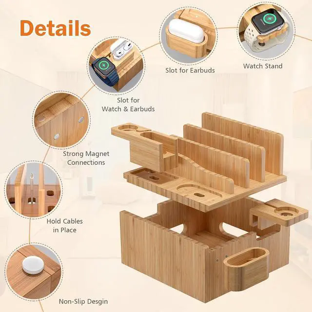 Alt view image 3 of 7 - Multiple USB Charging Station, Wooden Bamboo Dock Station for Cell Phones, Tablets, Earpods and Smart Watch, Including Power Charger HUB, 5 Cables -Natural Bamboo