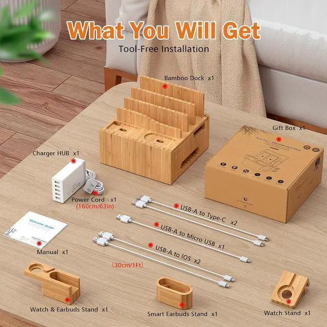 Alt view image 4 of 7 - Multiple USB Charging Station, Wooden Bamboo Dock Station for Cell Phones, Tablets, Earpods and Smart Watch, Including Power Charger HUB, 5 Cables -Natural Bamboo