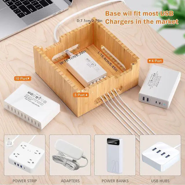 Alt view image 5 of 7 - Multiple USB Charging Station, Wooden Bamboo Dock Station for Cell Phones, Tablets, Earpods and Smart Watch, Including Power Charger HUB, 5 Cables -Natural Bamboo