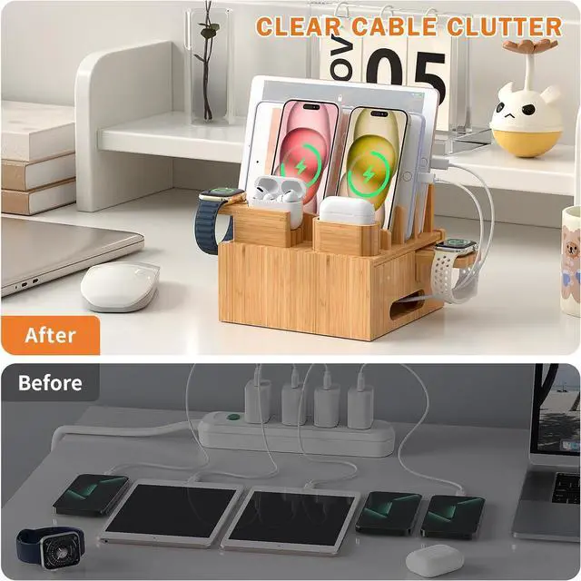 Alt view image 6 of 7 - Multiple USB Charging Station, Wooden Bamboo Dock Station for Cell Phones, Tablets, Earpods and Smart Watch, Including Power Charger HUB, 5 Cables -Natural Bamboo