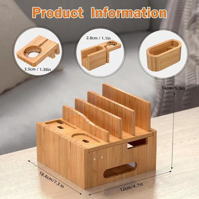Alt view image 7 of 7 - Multiple USB Charging Station, Wooden Bamboo Dock Station for Cell Phones, Tablets, Earpods and Smart Watch, Including Power Charger HUB, 5 Cables -Natural Bamboo