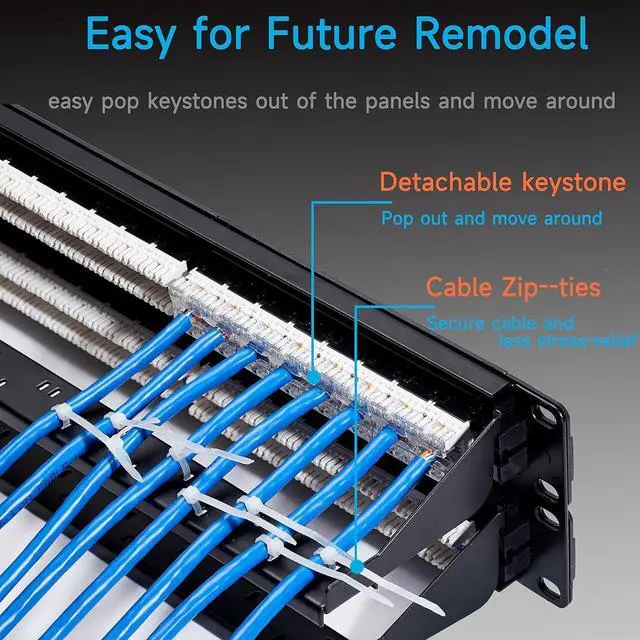 Alt view image 5 of 7 - Cat6 Patch Panel 48 Port with Keystone, RJ45 Network Panel 19 Inch, Punch Down Keystone Ethernet Patch Panel with Back Bar