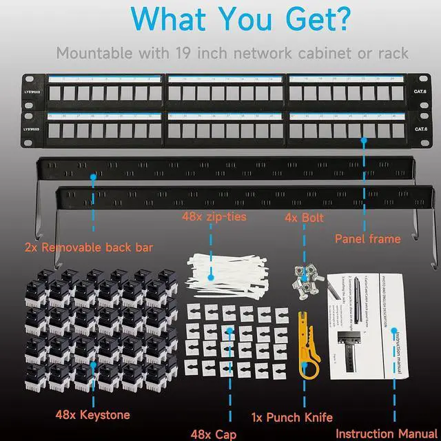 Alt view image 7 of 7 - Cat6 Patch Panel 48 Port with Keystone, RJ45 Network Panel 19 Inch, Punch Down Keystone Ethernet Patch Panel with Back Bar