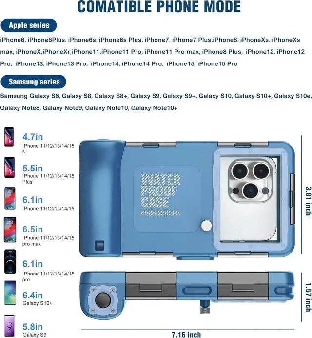 Alt view image 5 of 7 - Underwater Snorkeling Diving Phone Case for iPhone 16/15/14/13/12/11 Pro Max/XS/X  Galaxy S24/S23/S22/[50ft/15m] Professional Scuba Dive Waterproof Case Underwater Photo Video Cove-Blue