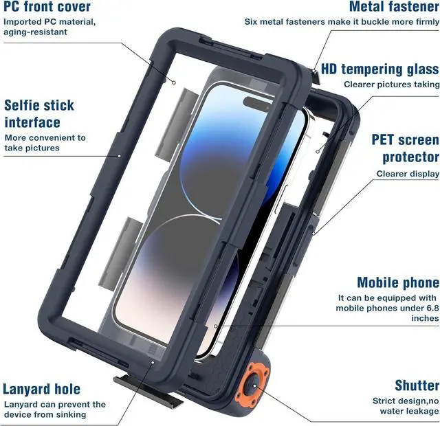 Alt view image 6 of 7 - Underwater Snorkeling Diving Phone Case for iPhone 16/15/14/13/12/11 Pro Max/XS/X  Galaxy S24/S23/S22.[50ft/15m] Professional Scuba Dive Waterproof Case Underwater Photo Video Cover Orange
