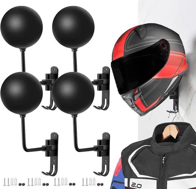 Main image of 180° Motorcycle Helmet Rack, 4 Pack Rotation Metal Helmet Holder Wall Mount, Helmet Holder Bike with 2 Hooks Helmet Hanger for Motorcycle Bike Coats, Caps, Baseballs, Rugby Helmet (Black)