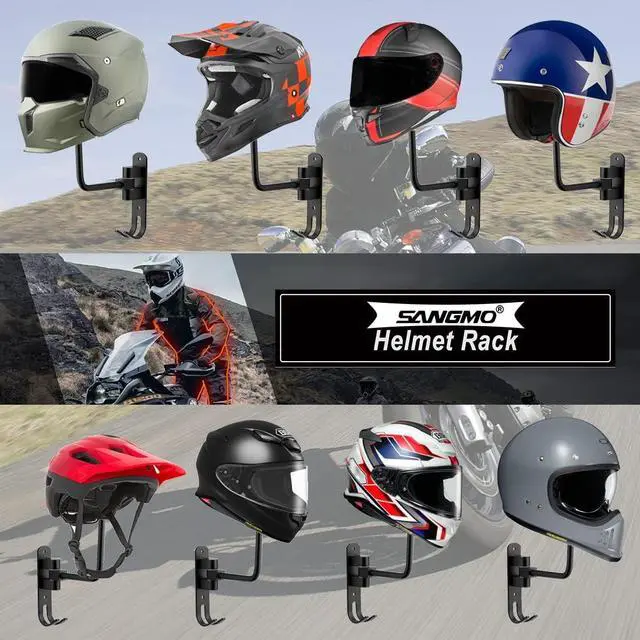 Alt view image 3 of 6 - 180° Motorcycle Helmet Rack, 4 Pack Rotation Metal Helmet Holder Wall Mount, Helmet Holder Bike with 2 Hooks Helmet Hanger for Motorcycle Bike Coats, Caps, Baseballs, Rugby Helmet (Black)