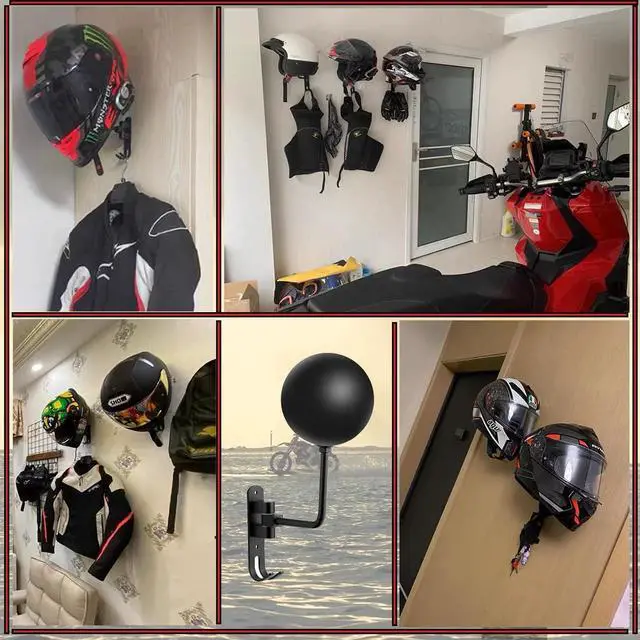 Alt view image 4 of 6 - 180° Motorcycle Helmet Rack, 4 Pack Rotation Metal Helmet Holder Wall Mount, Helmet Holder Bike with 2 Hooks Helmet Hanger for Motorcycle Bike Coats, Caps, Baseballs, Rugby Helmet (Black)