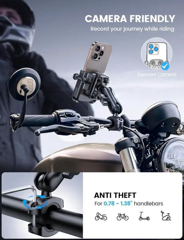 Alt view image 4 of 7 - All Metal Motorcycle Phone Mount - [Anti Shake] [Extendable Arm] Bike Phone Holder Handlebar Clamp, Bicycle Cell Phone Mount, for iPhone 16 Pro Max, 15 14, Galaxy S24 Ultra, 4.7-7.2" Phones