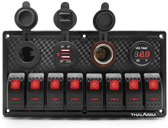 Main image of 8 Gang Rocker Switch Panel for Boat LED Illuminated Switches Waterproof with Digital Voltage Display, Dual USB Ports, Power Socket 12V DC, Cigarette Lighter Plug, Fuse for Marine Car Truck