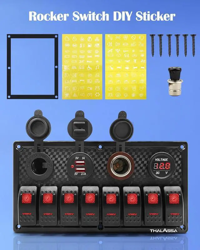 Alt view image 4 of 7 - 8 Gang Rocker Switch Panel for Boat LED Illuminated Switches Waterproof with Digital Voltage Display, Dual USB Ports, Power Socket 12V DC, Cigarette Lighter Plug, Fuse for Marine Car Truck
