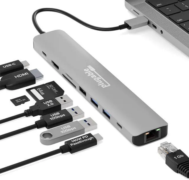 Main image of Plugable USB C Hub Multiport Adapter (9-in-1) 140W Power Delivery Charging, 4K 60Hz HDMI, 10Gbps Data Ports, Ethernet, SD | for USBC, USB4, Thunderbolt MacBook, Windows, Chromebook (USBC-9IN1E)