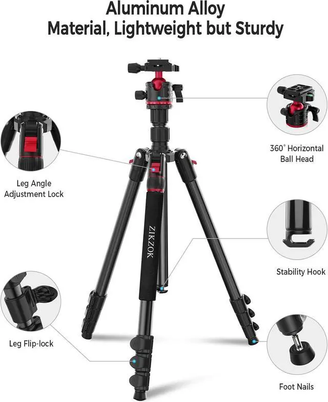 Alt view image 7 of 7 - Tripod for Camera, Professional Aluminum Camera Tripod & Monopod with 360° Ball Head, Adjustable Lightweight Travel Tripod for Phone,DSLR,Tablet with Carry Bag