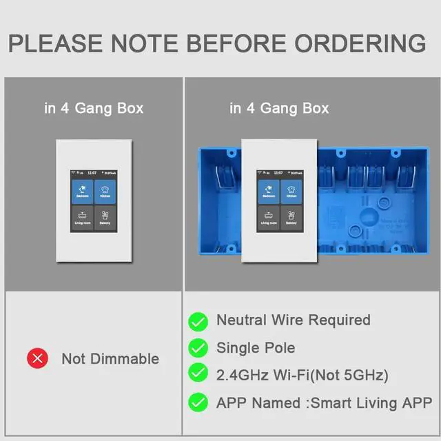 Alt view image 2 of 7 - L8-HS4 LCD Smart Light Switch 4 Gang Single Pole,No Dim,Need Neutral Wire,Touchscreen 2.4G WiFi Night Light Smart Switch Work with Alexa/Google Home,Mesh Network No Offline for Whole Smart Home