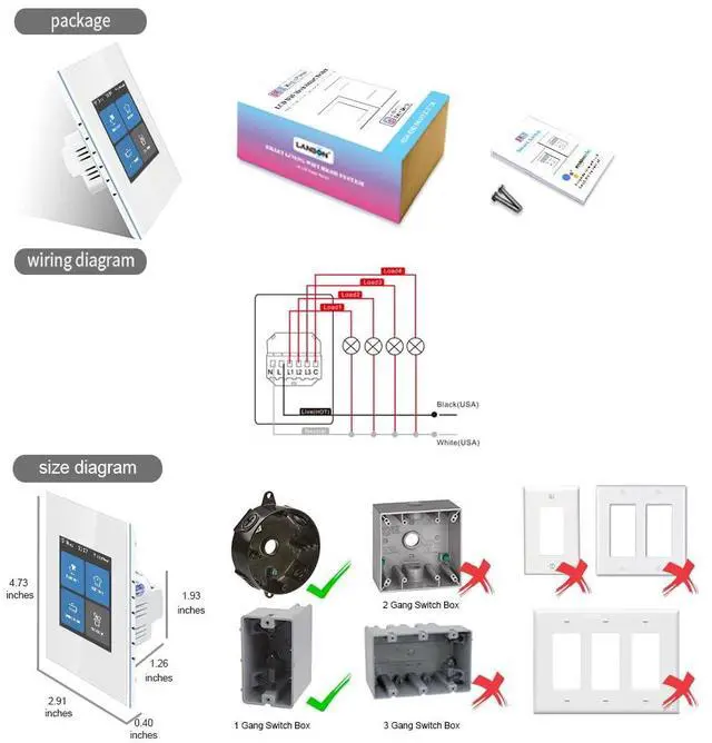 Alt view image 7 of 7 - L8-HS4 LCD Smart Light Switch 4 Gang Single Pole,No Dim,Need Neutral Wire,Touchscreen 2.4G WiFi Night Light Smart Switch Work with Alexa/Google Home,Mesh Network No Offline for Whole Smart Home
