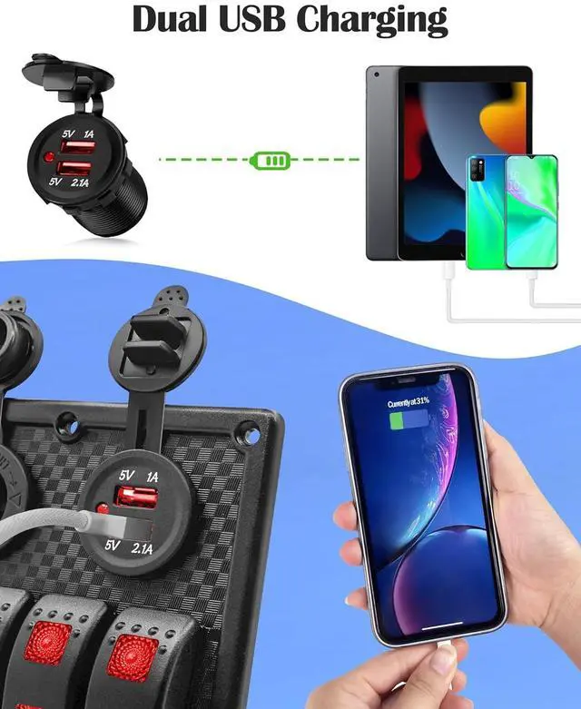 Alt view image 6 of 7 - 8 Gang Rocker Switch Panel for Boat LED Illuminated Switches Waterproof with Digital Voltage Display, Dual USB Ports, Power Socket 12V DC, Cigarette Lighter Plug, Fuse for Marine Car Truck