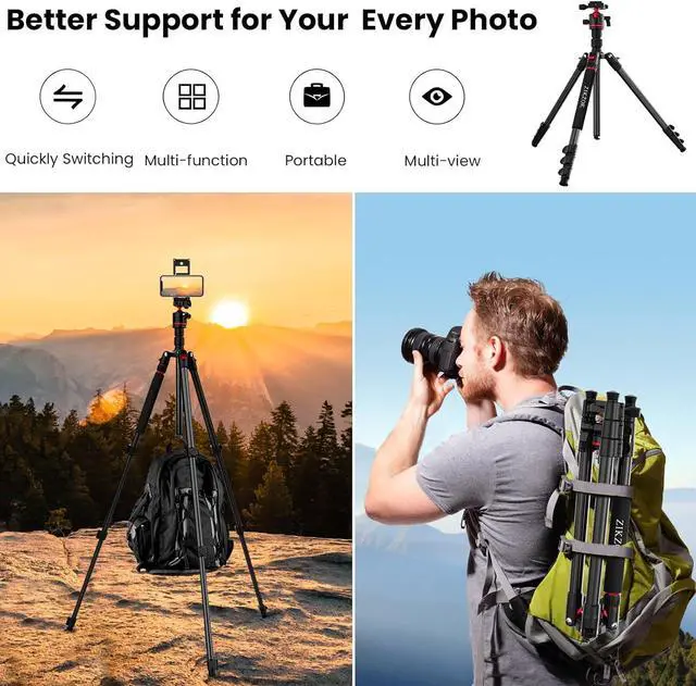 Alt view image 3 of 7 - Tripod for Camera, Professional Aluminum Camera Tripod & Monopod with 360° Ball Head, Adjustable Lightweight Travel Tripod for Phone,DSLR,Tablet with Carry Bag