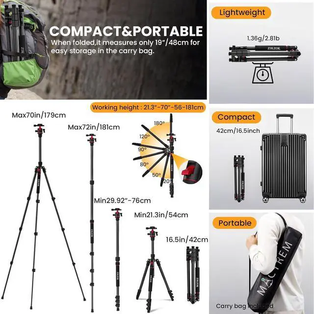 Alt view image 5 of 7 - Tripod for Camera, Professional Aluminum Camera Tripod & Monopod with 360° Ball Head, Adjustable Lightweight Travel Tripod for Phone,DSLR,Tablet with Carry Bag