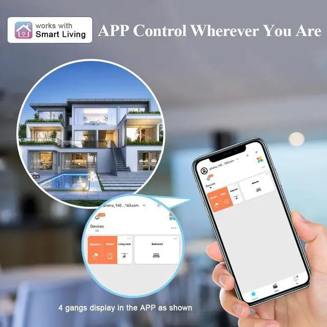 Alt view image 5 of 7 - L8-HS4 LCD Smart Light Switch 4 Gang Single Pole,No Dim,Need Neutral Wire,Touchscreen 2.4G WiFi Night Light Smart Switch Work with Alexa/Google Home,Mesh Network No Offline for Whole Smart Home