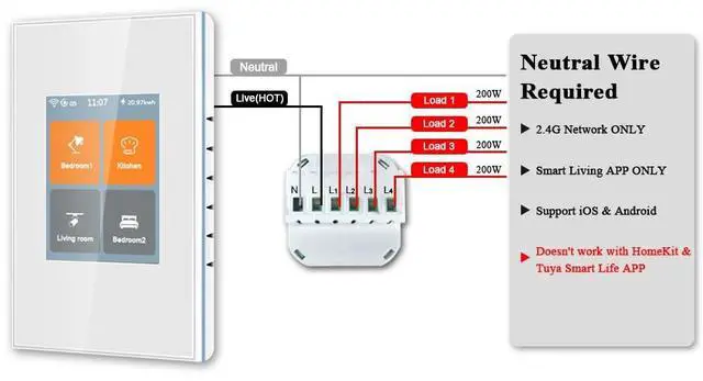 Alt view image 6 of 7 - L8-HS4 LCD Smart Light Switch 4 Gang Single Pole,No Dim,Need Neutral Wire,Touchscreen 2.4G WiFi Night Light Smart Switch Work with Alexa/Google Home,Mesh Network No Offline for Whole Smart Home