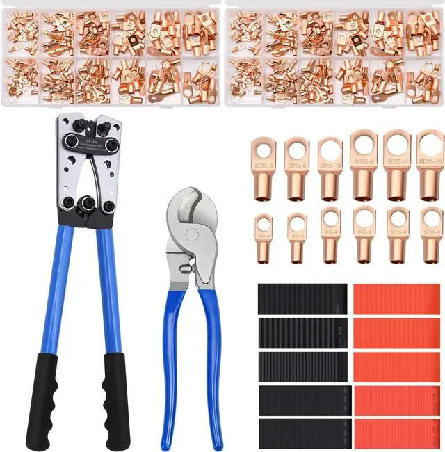Main image of Battery Cable Wire Lug Crimping Tool Kit with 340pcs Copper Wire Lugs, Wire Crimping Tool for AWG 10-1/0 Electrical Lug Crimper, with Cable Cutter, 420pcs Dual Wall Adhesive Heat Shrink Tubing