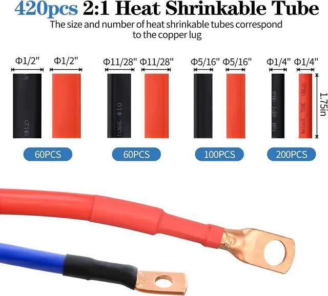 Alt view image 3 of 7 - Battery Cable Wire Lug Crimping Tool Kit with 340pcs Copper Wire Lugs, Wire Crimping Tool for AWG 10-1/0 Electrical Lug Crimper, with Cable Cutter, 420pcs Dual Wall Adhesive Heat Shrink Tubing