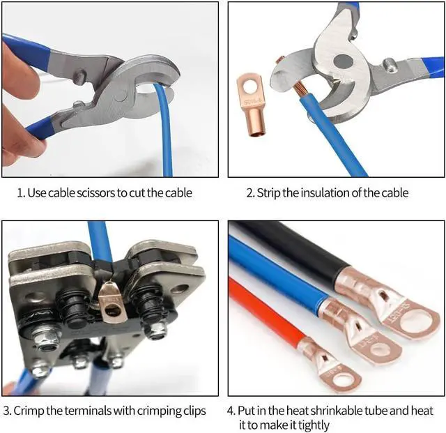 Alt view image 6 of 7 - Battery Cable Wire Lug Crimping Tool Kit with 340pcs Copper Wire Lugs, Wire Crimping Tool for AWG 10-1/0 Electrical Lug Crimper, with Cable Cutter, 420pcs Dual Wall Adhesive Heat Shrink Tubing