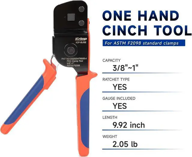 Alt view image 2 of 6 - One-Hand PEX Pipe Cinch Tool meet ASTM F2098 Standard clamps, Crimping Tool for 3/8-1 inch Clamp Rings