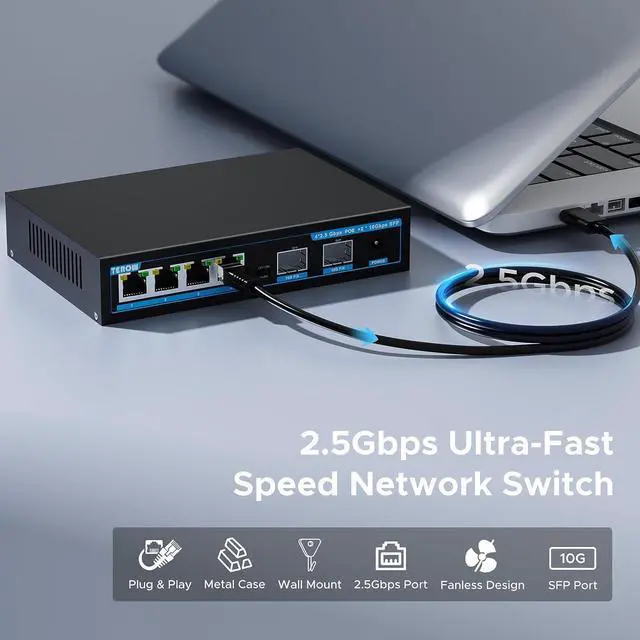Alt view image 3 of 7 - 2.5G PoE Switch 6-Port, 4x2.5Gb POE+ Switches Base-T & 2 Port 10G SFP&SFP+ Multi-Speed Ethernet Network, Compatible with Gigabit&10Gb, Desktop/Wall Mount, Ideal for AP, Camera,Home,Gaming,Office