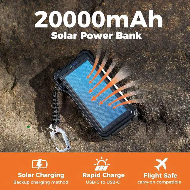 Alt view image 3 of 7 - Solar Charger 20000mAh Built-in Cables, 20W Fast Charging Portable Power Bank with USB C, Camping Light, Flashlight, Battery Pack for iPhone 16 15 14 13 12 11, iPad, ,  Watch