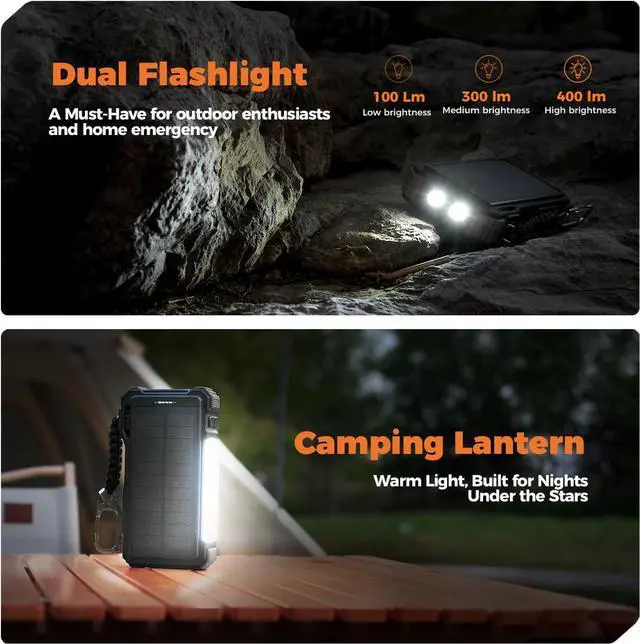 Alt view image 5 of 7 - Solar Charger 20000mAh Built-in Cables, 20W Fast Charging Portable Power Bank with USB C, Camping Light, Flashlight, Battery Pack for iPhone 16 15 14 13 12 11, iPad, ,  Watch