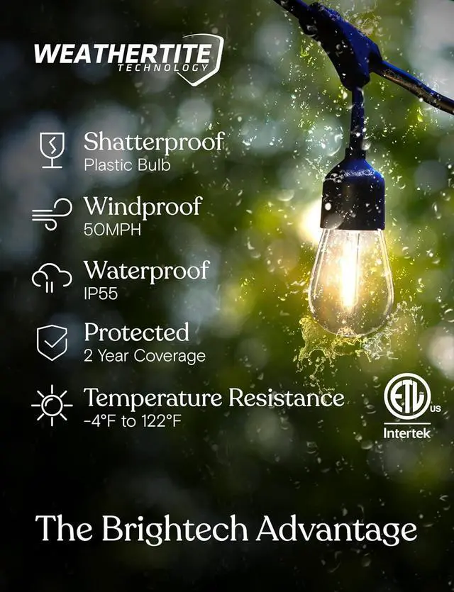 Alt view image 2 of 7 - Solar Power Remote Control Outdoor String Lights with Edison Bulbs  Shatterproof, Commercial Grade LED Waterproof Patio Lights  1W, 3,000K, Hanging, 48 ft