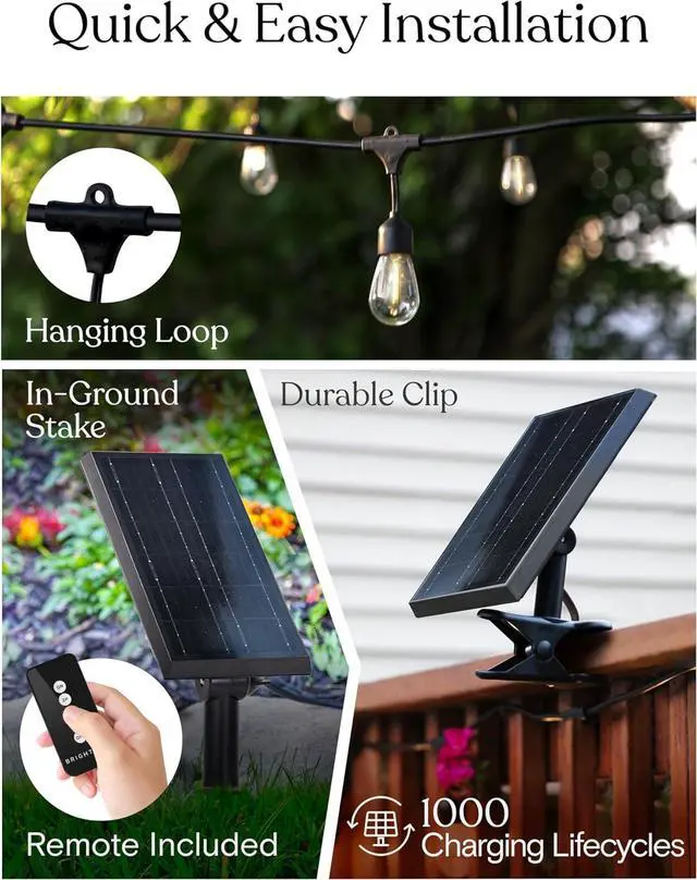 Alt view image 4 of 7 - Solar Power Remote Control Outdoor String Lights with Edison Bulbs  Shatterproof, Commercial Grade LED Waterproof Patio Lights  1W, 3,000K, Hanging, 48 ft