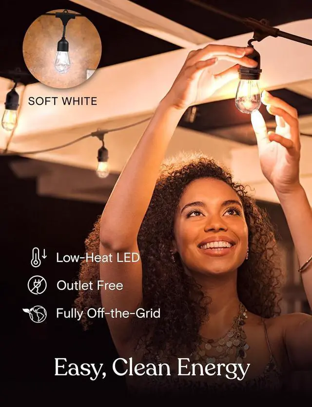 Alt view image 5 of 7 - Solar Power Remote Control Outdoor String Lights with Edison Bulbs  Shatterproof, Commercial Grade LED Waterproof Patio Lights  1W, 3,000K, Hanging, 48 ft