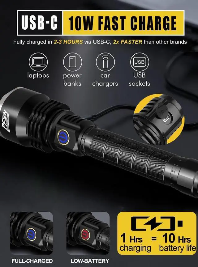 Alt view image 4 of 7 - Rechargeable Flashlights High Lumens - PFSN Super Bright Tactical Flashlight IPX65 Waterproof, 400M Long Range, 20Hrs Long Lasting Best Powerful LED Torch Battery Powered Flash Light
