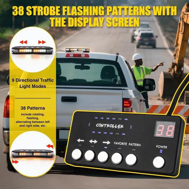 Alt view image 3 of 7 - 42 LED Roof Top Strobe Beacon Light Bar Hazard Warning Emergency Flashing Plow Lights with Controller for Construction Vehicles Tow Trucks Postal Cars Snowplow Amber White (Patent Design)