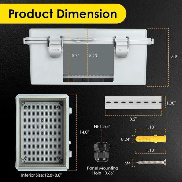 Alt view image 3 of 6 - Waterproof Electrical Junction Box, IP67 Plastic Weatherproof Electrical Enclosure with Aluminum DIN Rail, Mounting Plate, Wall Brackets for DIY Project WiFi(13.8''×9.8''×5.9")
