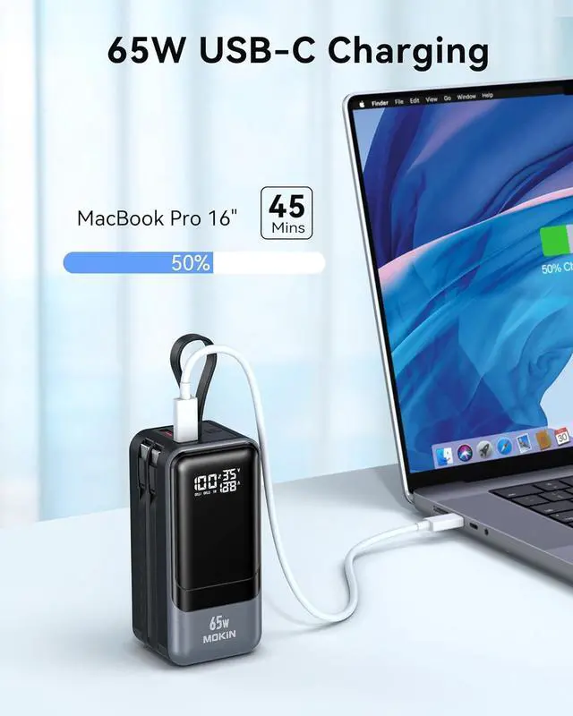 Alt view image 2 of 7 - Portable Charger 65W, Power Bank Battery Pack with Built in Cable, 4 Outputs, USB C Powerbank Fast Charging, Travel Chargers for iPhone 16/15/14/13/12 Series, , Laptop, MacBook,  XPS, iPad