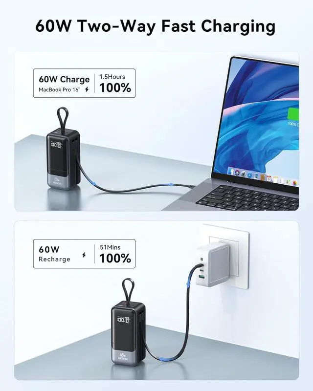 Alt view image 3 of 7 - Portable Charger 65W, Power Bank Battery Pack with Built in Cable, 4 Outputs, USB C Powerbank Fast Charging, Travel Chargers for iPhone 16/15/14/13/12 Series, , Laptop, MacBook,  XPS, iPad