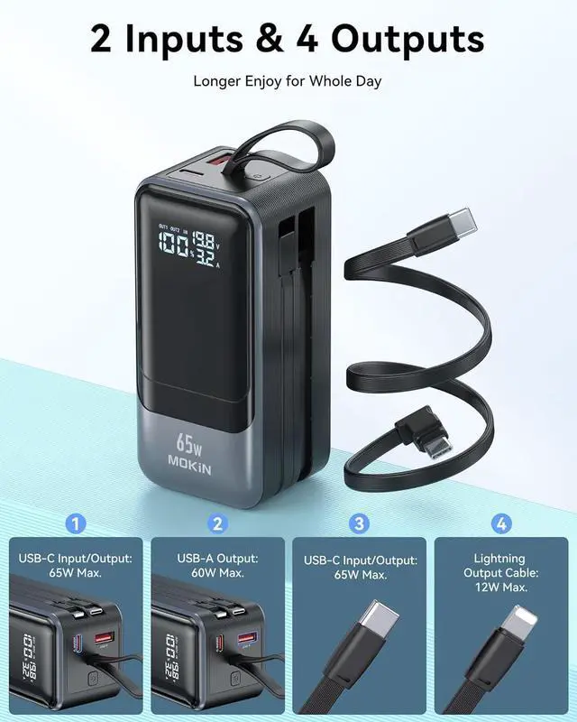 Alt view image 4 of 7 - Portable Charger 65W, Power Bank Battery Pack with Built in Cable, 4 Outputs, USB C Powerbank Fast Charging, Travel Chargers for iPhone 16/15/14/13/12 Series, , Laptop, MacBook,  XPS, iPad