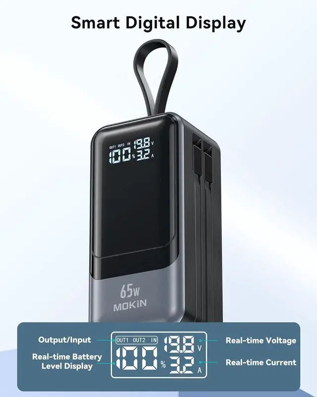 Alt view image 6 of 7 - Portable Charger 65W, Power Bank Battery Pack with Built in Cable, 4 Outputs, USB C Powerbank Fast Charging, Travel Chargers for iPhone 16/15/14/13/12 Series, , Laptop, MacBook,  XPS, iPad